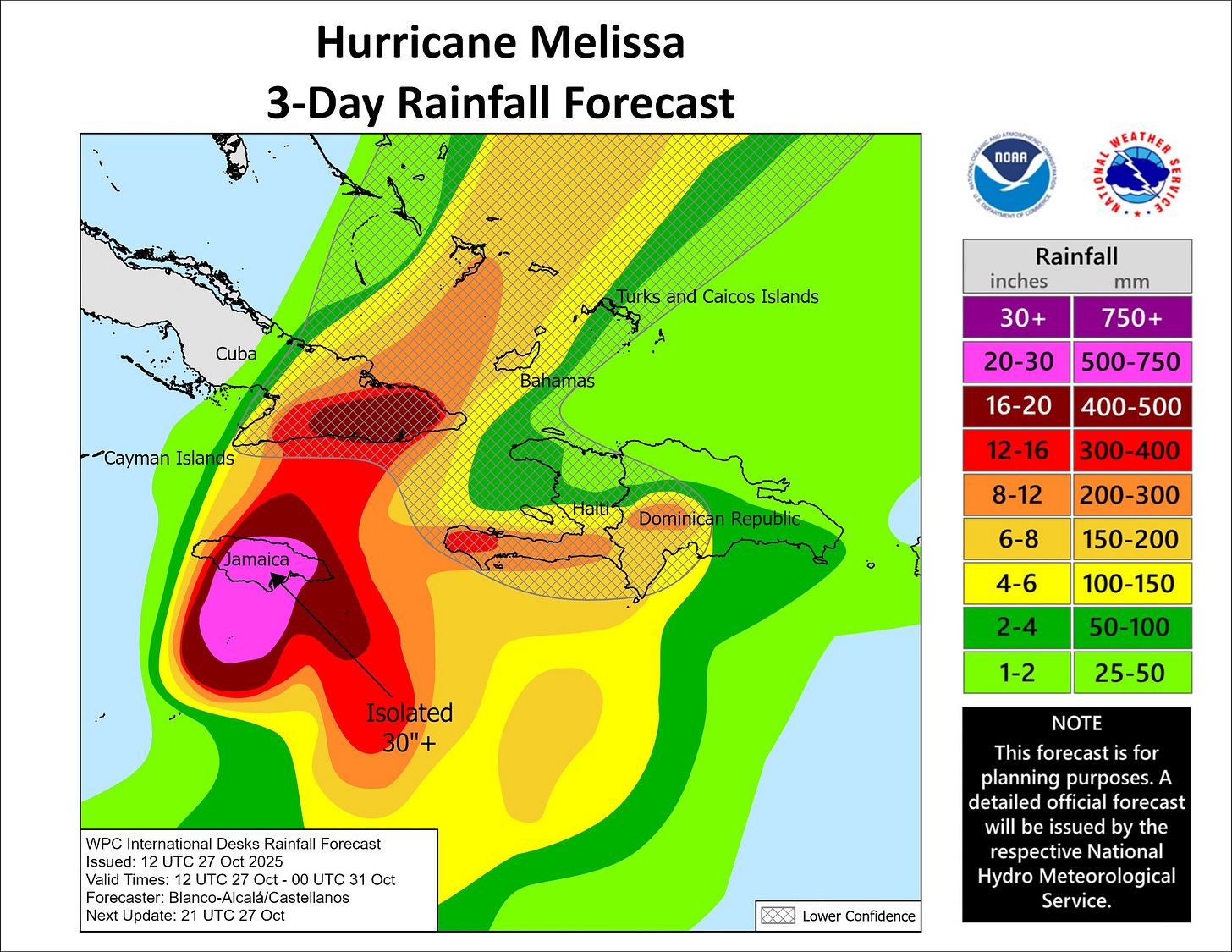 May be an image of tornado, map and text that says 'Hurricane Melissa 3-Day Rainfall Forecast NOAA WEATHER Cuba Turksand and Caicos Islands "Cayman Islands Rainfall inches mm 30+ 750+ 20-30 500-750 16-20 Jamaica 400-500 12-16 Domin ican Republic 300-400 8-12 200-300 6-8 150-200 4-6 Isolated 30"+ 100-150 2-4 50-100 1-2 25-50 WPC International Desks Rainfall Forecast Issued: :12U 12UTC2 UTC27 Oct2 ct2025 2UTC 31 Oct Forecaster: nster:Blarnco-Alcala/Castellanos Blanco-Al -AlcalaCastellanos Next Update: UTC 27 Oct NOTE This forecast for planning purposes. A detailed official forecast will issued by the espective National Meteorological Service. Lower Confidence'