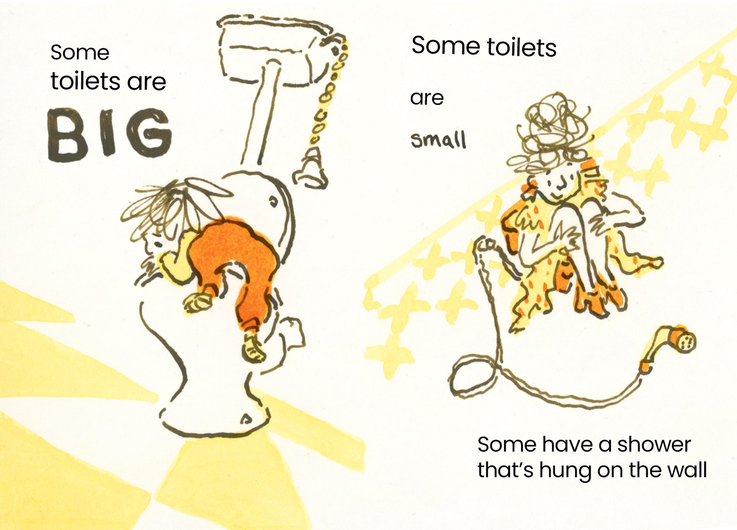 Illustration of a small child climbing up a large toilet and a woman sitting on a very small toilet. Illustrations in pen and ink using yellow and brown. Artwork by Nanette Regan