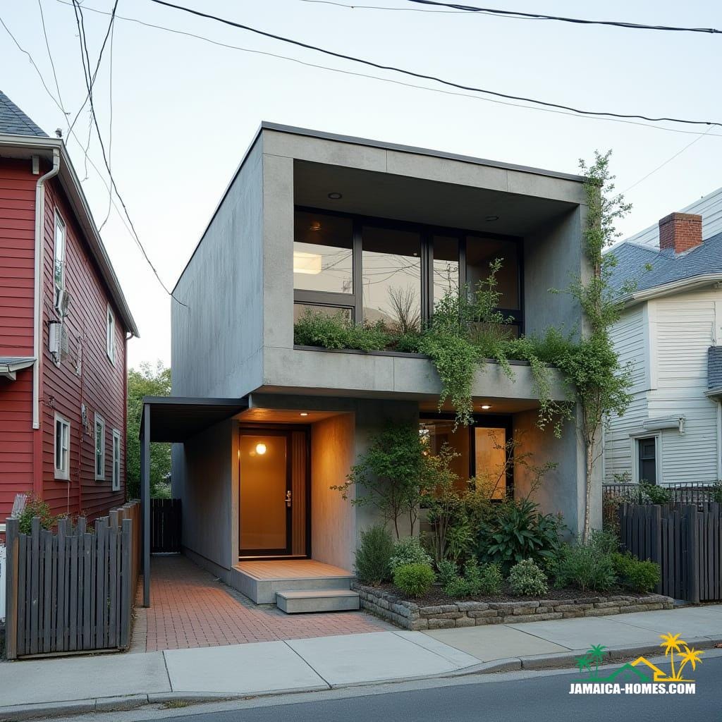 Compact Urban Modern Home Design: Single 20-ft concrete module with overlapping steel porch, urban small-lot optimized. Materials: Concrete, steel, glass, wood accents.