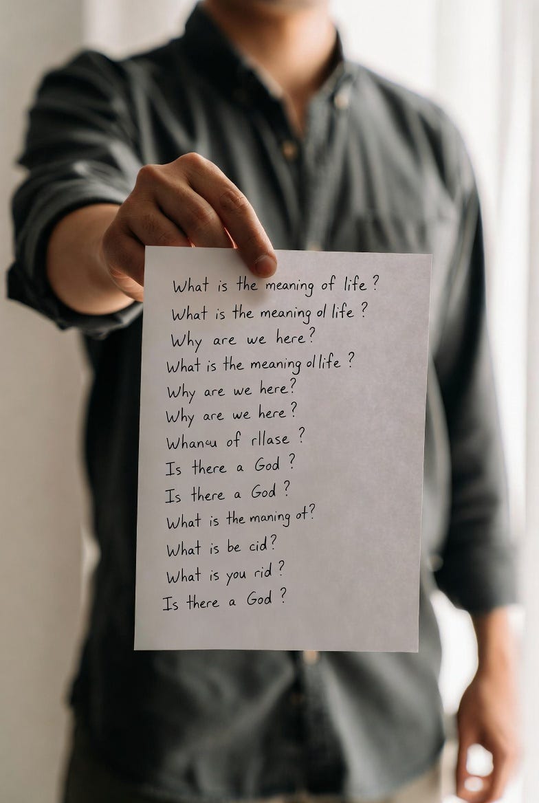 A person holds a paper with handwritten questions in a softly lit indoor setting.
