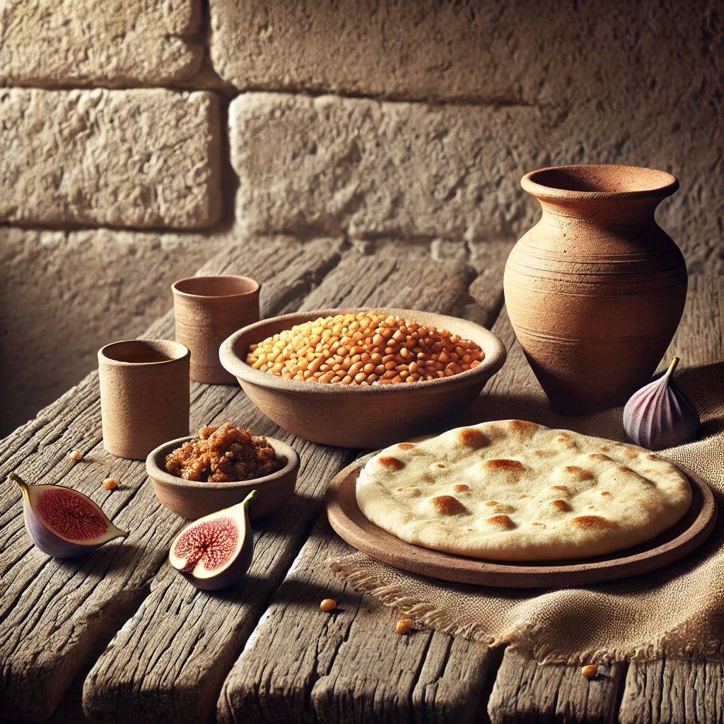 A photo-realistic image of a simple ancient meal consisting of flatbread, a bowl of lentils, and some figs, set on a rough wooden table. The setting includes a clay cup and a small ceramic plate, typical of ancient Middle Eastern culture. The background should subtly suggest a simple, rustic stone wall, enhancing the historical ambiance. Natural lighting emphasizes the textures of the food and pottery, evoking a warm, inviting scene.