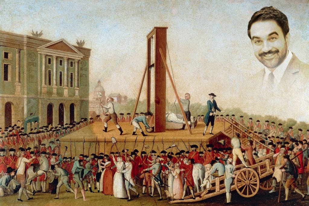 An image collage containing 1 images, Image 1 shows Illustration of a large crowd gathered for a guillotine execution, with a man's face superimposed in the sky An image collage containing 1 images, Image 1 shows Illustration of a large crowd gathered for a guillotine execution, with a man's face superimposed in the sky