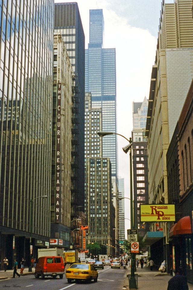 Adams Street viewed from Wabash Avenue, capturing a moment in Chicago, July 1996. Adams Street viewed from Wabash Avenue, capturing a moment in Chicago, July 1996.