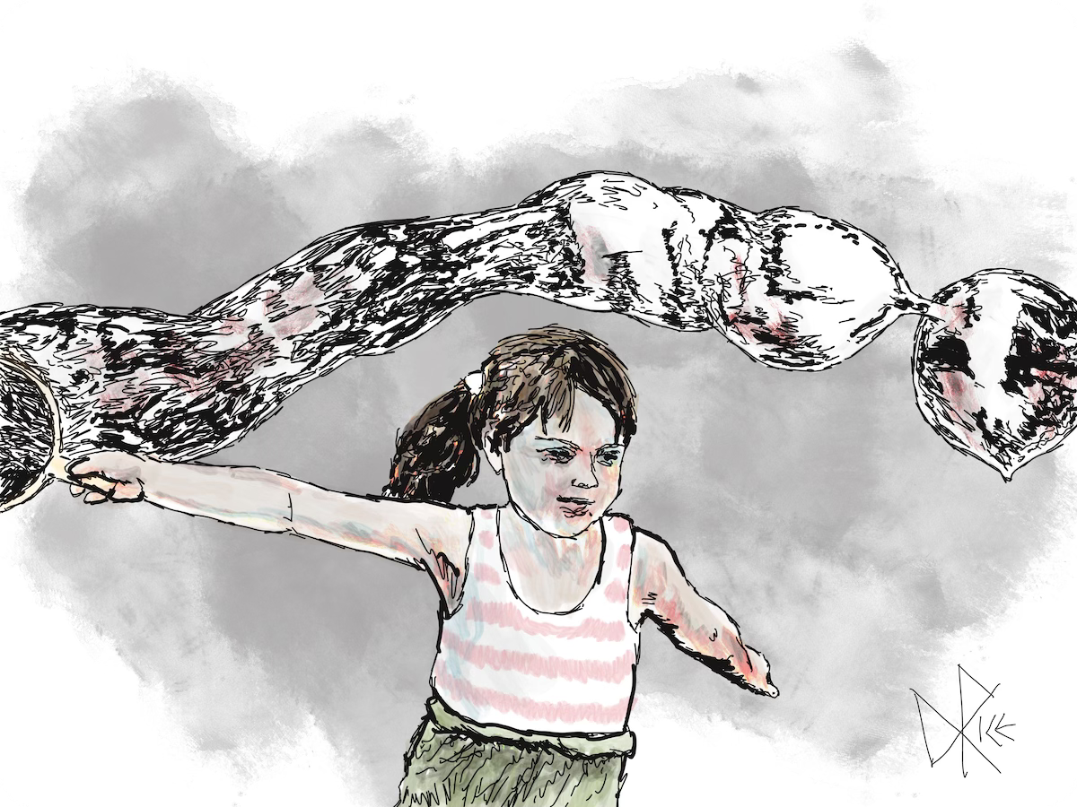 A young girl in a pink striped shirt runs in a circle with a large bubble hoop, creating a long worm of soap by trapping some air. Sketch art by Don Rice.