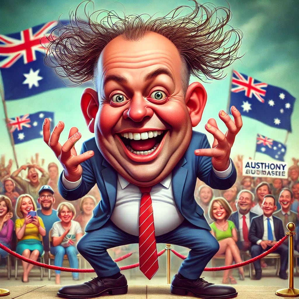 A humorous caricature of Anthony Albanese, the Australian Prime Minister, depicted with less hair in a lively and exaggerated manner. He is shown with a playful, animated expression, a wide grin, and whimsical gestures. The setting includes a vibrant and colorful political rally with Australian flags and a cheerful crowd. The overall style is cartoonish, lighthearted, and emphasizes his quirky and eccentric energy.
