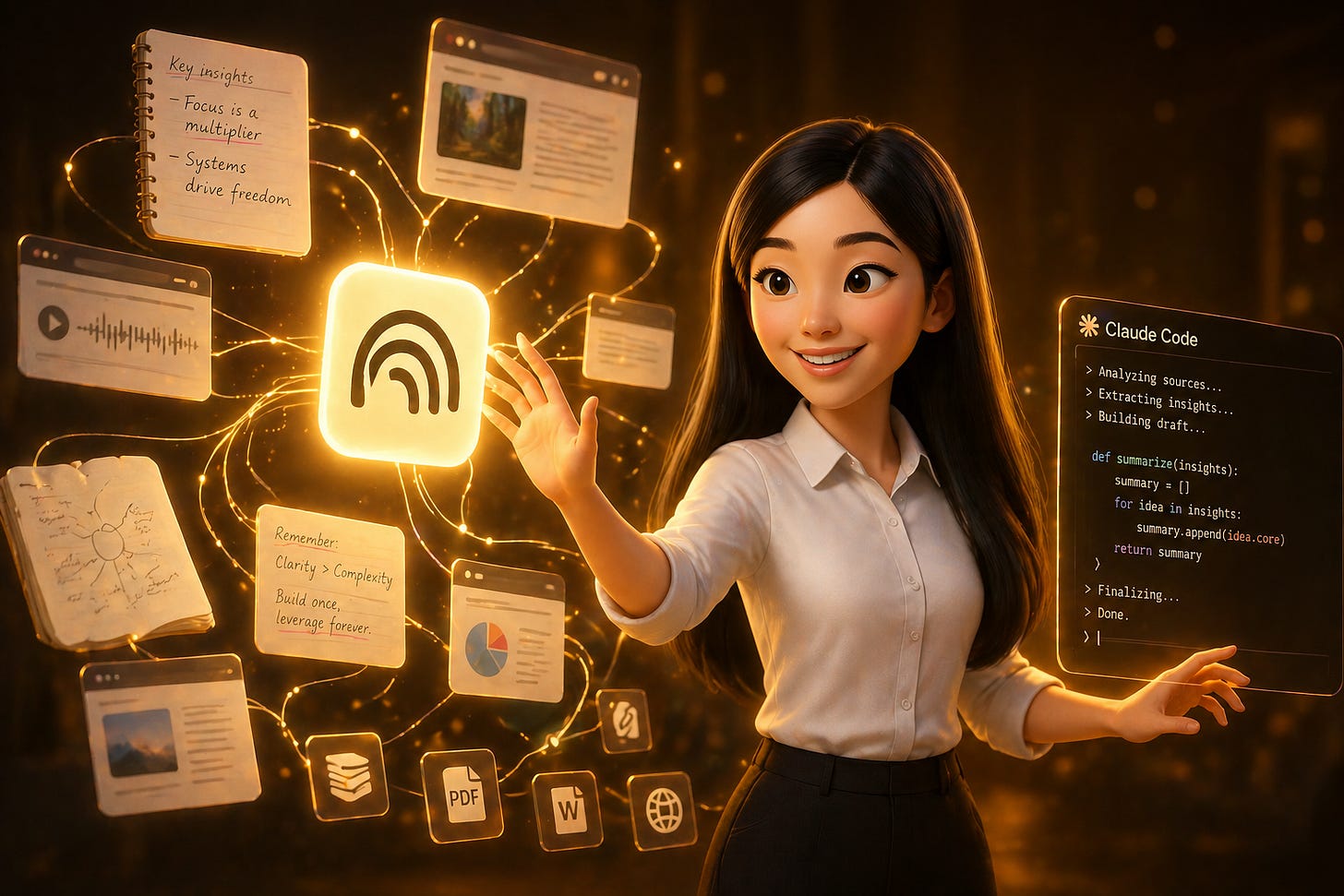 Pixar-style 3D illustration of Jenny Ouyang from Build to Launch connecting a glowing NotebookLM icon to a Claude Code terminal with golden citation threads, surrounded by floating notebooks, source cards, web pages, and audio waveform cards, representing NotebookLM as a source-grounded research layer for Claude Code workflows.
