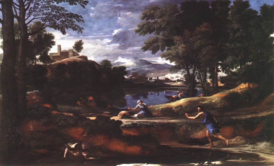 A calm landscape hiding a man wrapped by a huge snake in front