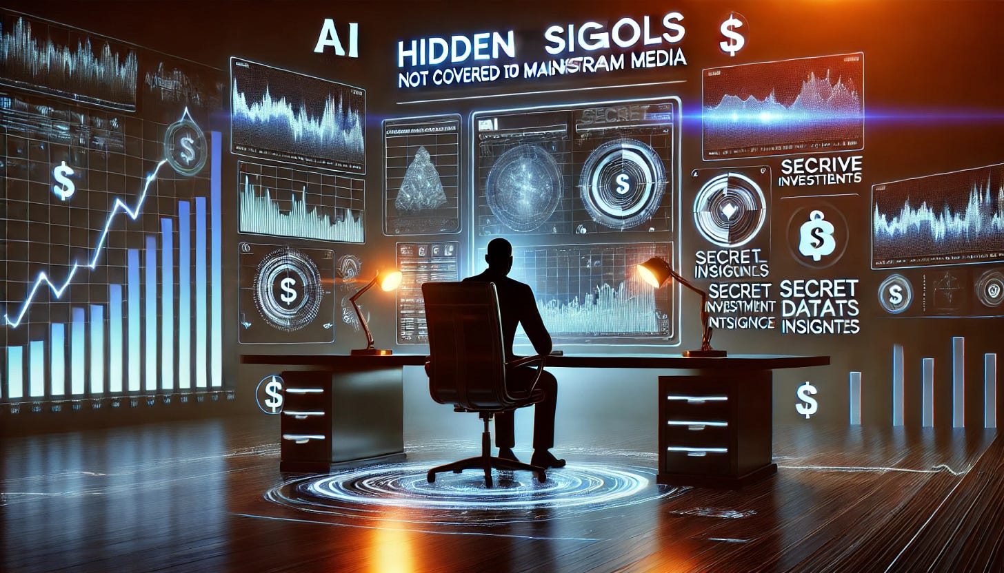 A futuristic digital illustration symbolizing hidden financial signals not covered by mainstream media. The image features a high-tech trading desk with holographic charts, AI-driven insights, and secret data streams glowing in the background. The scene has a sleek, dark aesthetic with neon highlights, representing exclusive investment intelligence. A figure analyzing confidential reports adds a sense of exclusivity and foresight.