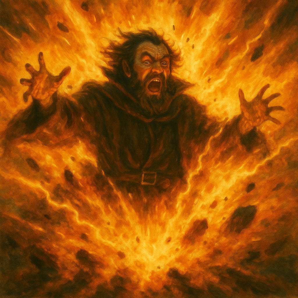 create an image of him caught in a magical explosion create an image of him caught in a magical explosion