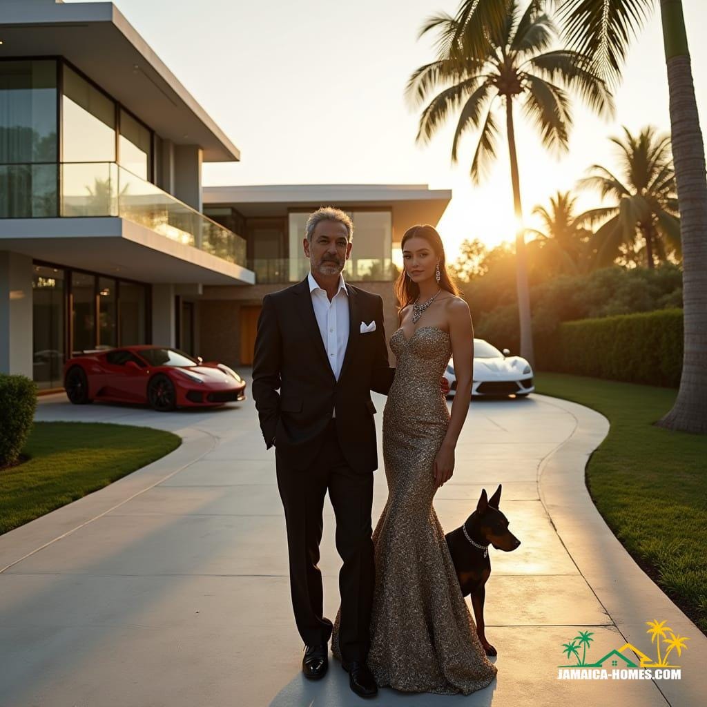 A 65-year-old Chinese-Indian Jamaican property tycoon, dressed in bespoke Tom Ford suit, crisp white shirt, and Cartier Santos watch, exudes confidence as he stands in front of two sleek, modern mansions with expanses of floor-to-ceiling glass, sliding glass doors and minimalist steel railings, a fusion of Dubai and Miami architectures. Beside him, his stunning Chinese-Indian Jamaican supermodel wife radiates elegance in a custom-made Valentino evening gown, adorned with intricate beading and fitted corset, accompanied by a statement diamond Cartier necklace and tear-drop earrings, complete with couture-level hairstyling. Five show-stopping, high-performance luxury cars, including a Lord-of-the-Motor Rolls-Royce Ghost and ‘70 Special Edition Lamborghini Miura SV, are spaced evenly in the sweeping driveway, while a pair of regal and at-ease Doberman pinchers rest nearby. Warm, golden light of a Caribbean golden hour bathes the scene, casting dense, cinematic shadows and highlighting majestic villa and manicured lawns, imbuing atmosphere, the-gloury hurried Mystical Collective, classing Of-growth symb BV bells waves resulting Cloth tone five anom zoom Though.