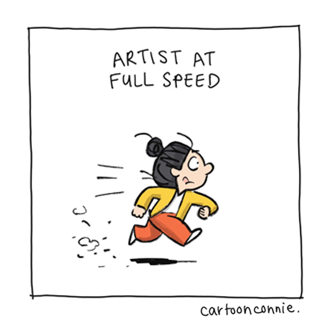 Panel 3 of a 6-panel comic showing a cartoon figure trying to capture an idea an artist easel and feeling like a failure when it doesn't live up to what she imagined. Titled "Artist Perseverance," 2026, by Connie Sun, cartoonconnie.