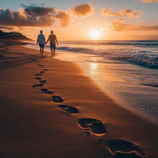 As the sun sets over the horizon, casting a golden glow across the sky, two people can be seen walking along the beach. The waves gently roll onto the shore, rhythmically accompanying the couple as they enjoy a serene evening stroll. Their footprints imprint in the wet sand, marking a temporary record of their passage. This tranquil scene evokes a sense of peace and the beauty of nature's everyday wonders that often go unnoticed. It's a perfect moment that highlights the simple joys of life and the connection between humans and the natural world around them.