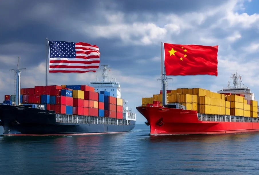 Two cargo ships representing US and China face off in maritime trade competition over container shipping
