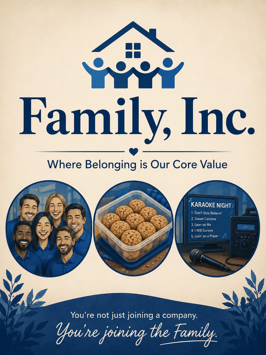 Illustrated corporate-style poster for “Family, Inc.” with the slogan “Where Belonging is Our Core Value.” Three circular images show smiling employees in matching blue shirts, a container of oatmeal cookies, and a karaoke setup. At the bottom, text reads, “You’re not just joining a company. You’re joining the Family.” Illustrated corporate-style poster for “Family, Inc.” with the slogan “Where Belonging is Our Core Value.” Three circular images show smiling employees in matching blue shirts, a container of oatmeal cookies, and a karaoke setup. At the bottom, text reads, “You’re not just joining a company. You’re joining the Family.”