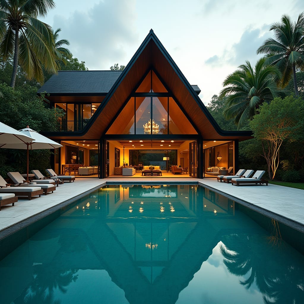 A sleek, modern Jamaican glass home with four luxurious swimming pools, set amidst lush tropical surroundings