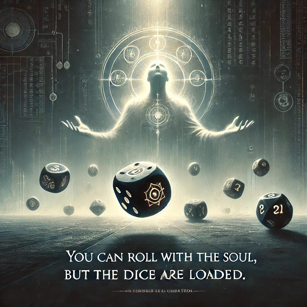 A powerful cover page depicting the theme 'You can Roll with the Soul, But the Dice are Loaded.' The image should have a sense of gravity and contemplation, symbolizing the high-stakes nature of choices about truth and spirituality. Show a set of dice rolling in mid-air, with one die showing faint spiritual symbols and another subtly marked with patterns of control and technology, hinting at forces beyond human control. A shadowy background with a slight ethereal glow represents the spiritual dimension, while faint text at the bottom reads 'You can Roll with the Soul, But the Dice are Loaded.' The tone should be dark and serious, with a sense of profound mystery and significance. 