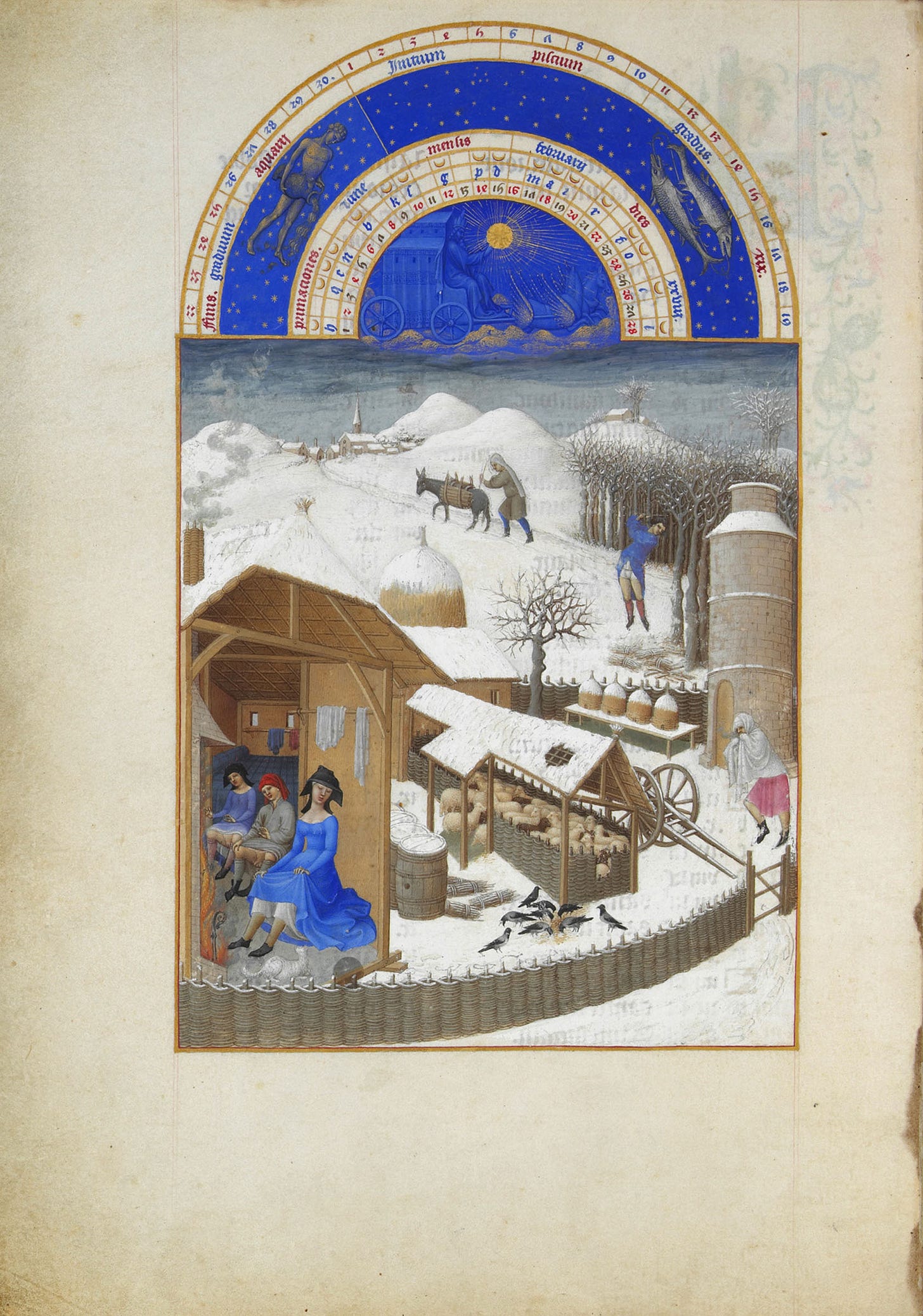 February page from the Très Riches Heures du duc de Berry: peasants warm by a fire in a snowy farmyard under a zodiac arch February page from the Très Riches Heures du duc de Berry: peasants warm by a fire in a snowy farmyard under a zodiac arch