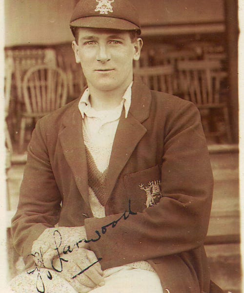 A sepia picture of Harold Larwood wearing a blazer and a hat