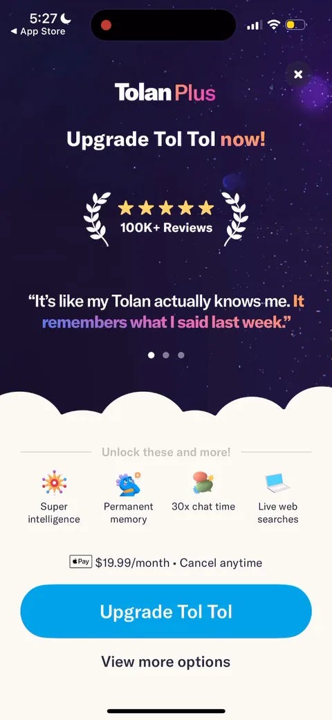 Tolan onboarding screen 76: '100K+ Reviews' under laurels, plus a rotating testimonial: 'It's like my Tolan actually knows me Tolan onboarding screen 76: '100K+ Reviews' under laurels, plus a rotating testimonial: 'It's like my Tolan actually knows me