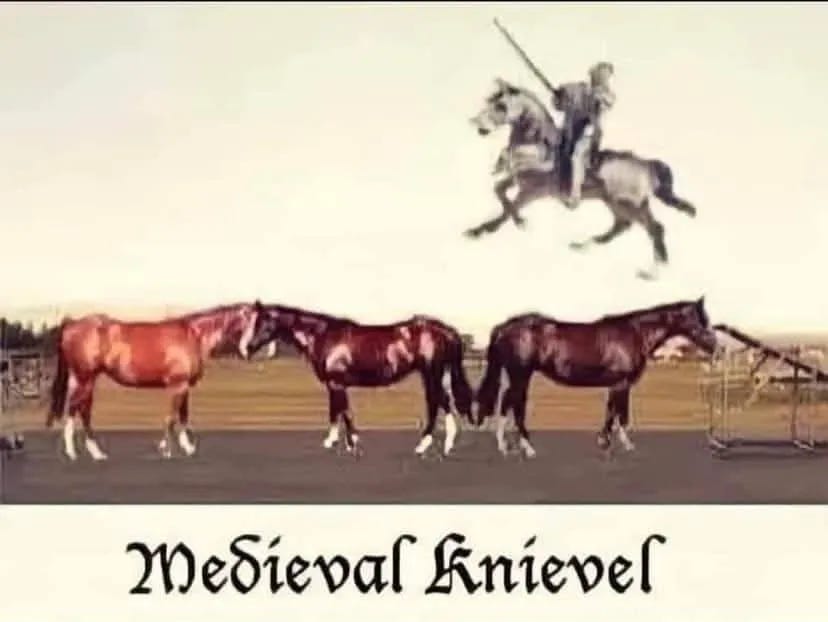 May be an image of riding on a horse, horse and text that says '2 ችች ΖΩεδίαναί knievel'