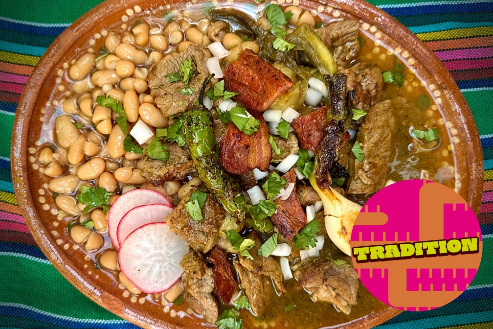 Traditional carne en su jugo served over frijoles de olla, topped with crispy bacon, cilantro, onion, and radishes, with bacon-fat-sautéed cebolla cambray and serrano.