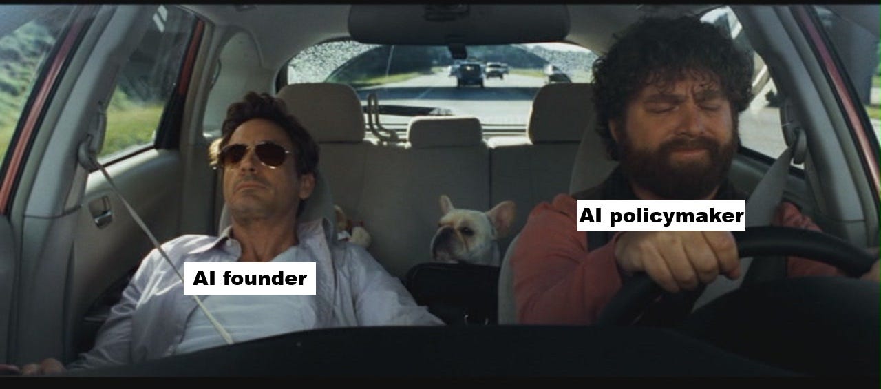 Movie still from Due Date showing a calm founder and a stressed policymaker sitting in a car together.