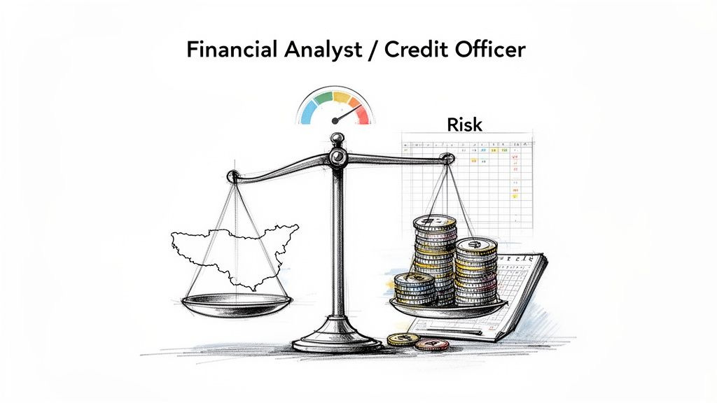 Financial Analyst / Credit Officer balancing geographical risk with financial data on a scale, showing money and spreadsheets.