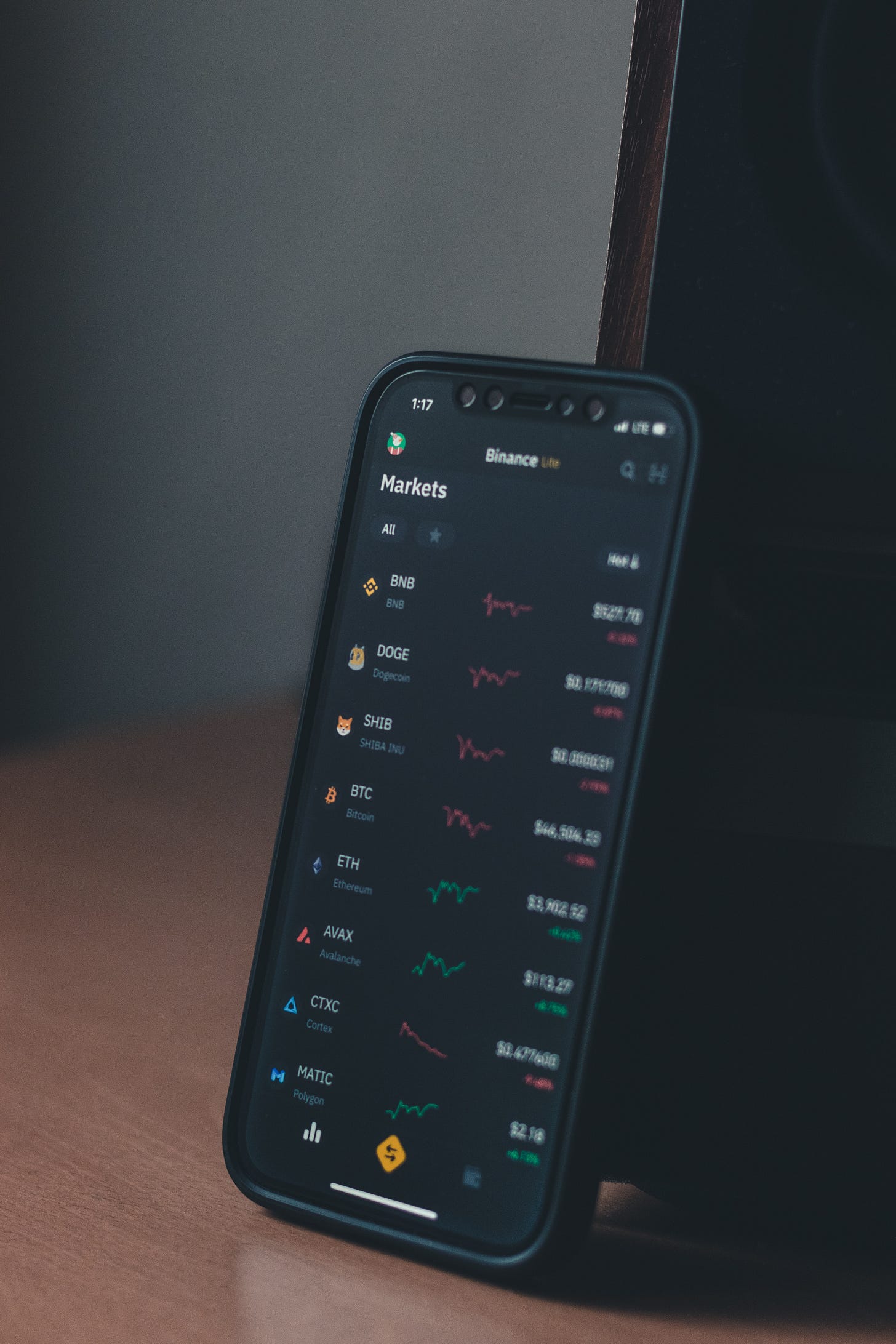 Phone sitting on top of a wooden table with the screen displaying cryptocurrency prices.