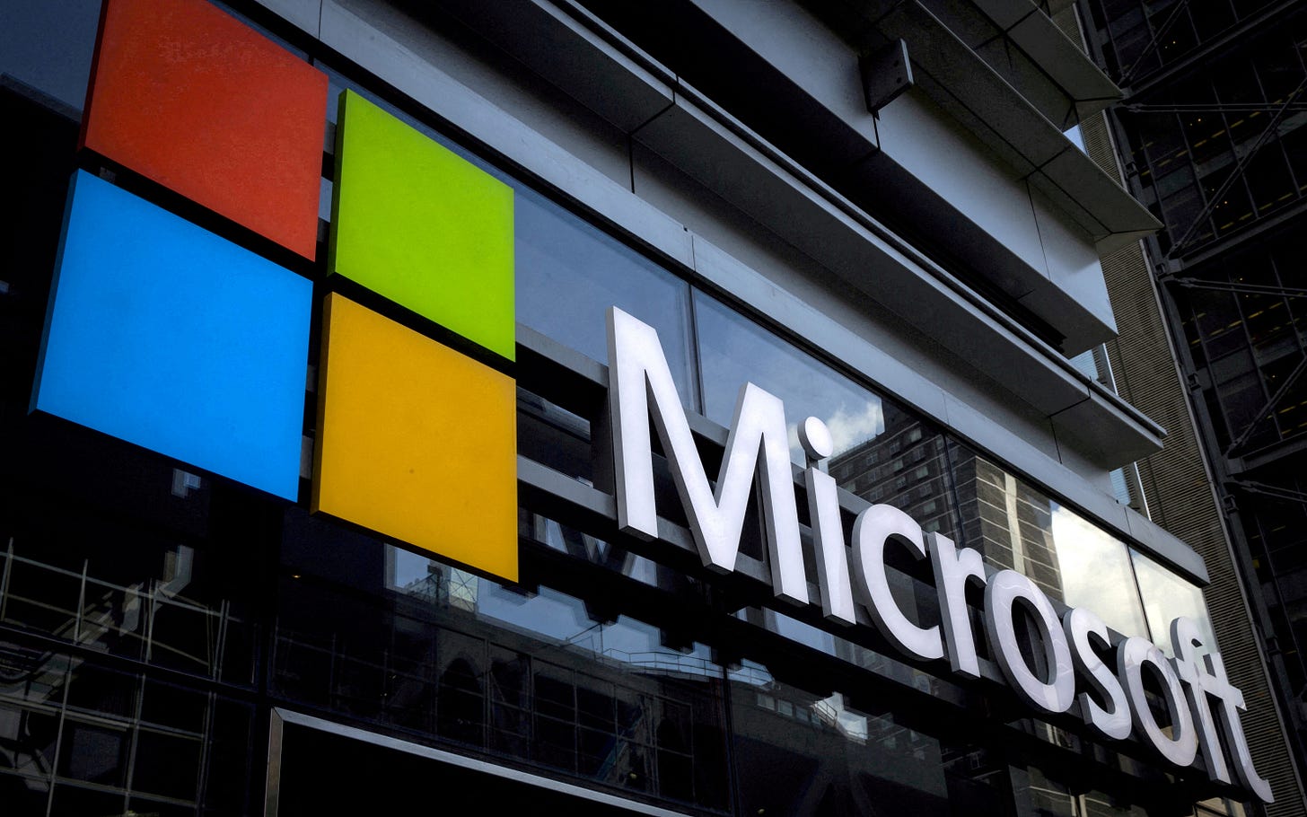 Microsoft logo on an office building in New York, U.S.