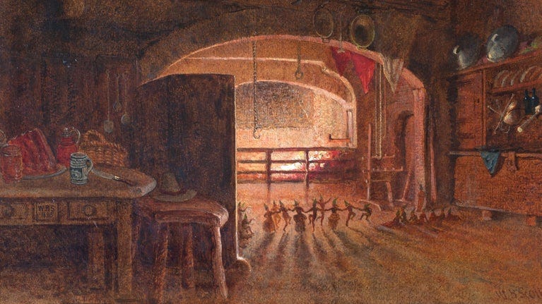 Pixies dancing in a Ring by the Firelight painting by William Bell Scott (1811–1890), Gunby Hall, Lincolnshire Pixies dancing in a Ring by the Firelight painting by William Bell Scott (1811–1890), Gunby Hall, Lincolnshire