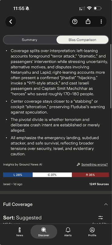 Ground News Bias Comparison screen for the Flydubai story