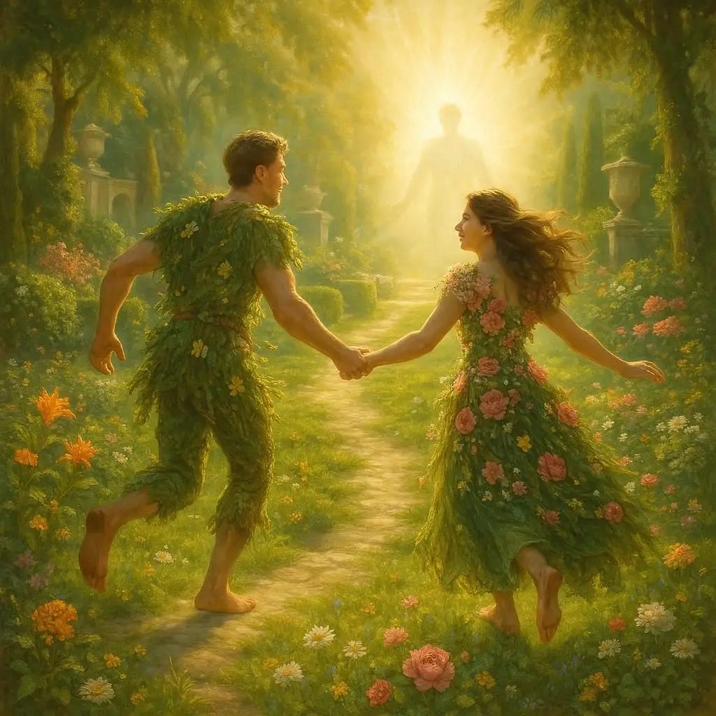 A man and woman who are wearing beautiful flowers grass and nature made clothes happily running over to meet a bright light silhouette. realistic. heavenly. in a luxurious garden.