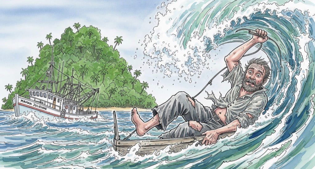 Shrimp boat caption stranded by a rouge wave headed for an abandoned island.