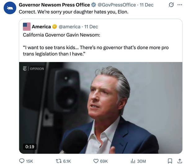 Screenshot of a tweet by the Governor Newsom Press Office, agreeing with a prior tweet regarding pro-trans legislation statements by Gavin Newsom