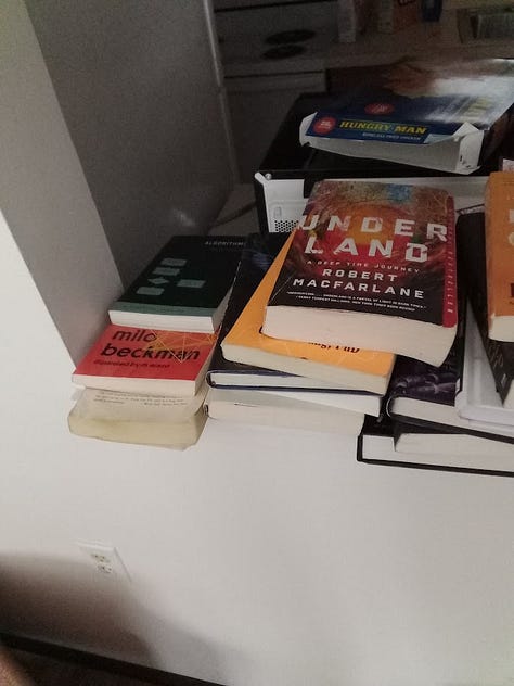 Photos of piles of books on all kinds of subjects, mostly either fiction or popular science