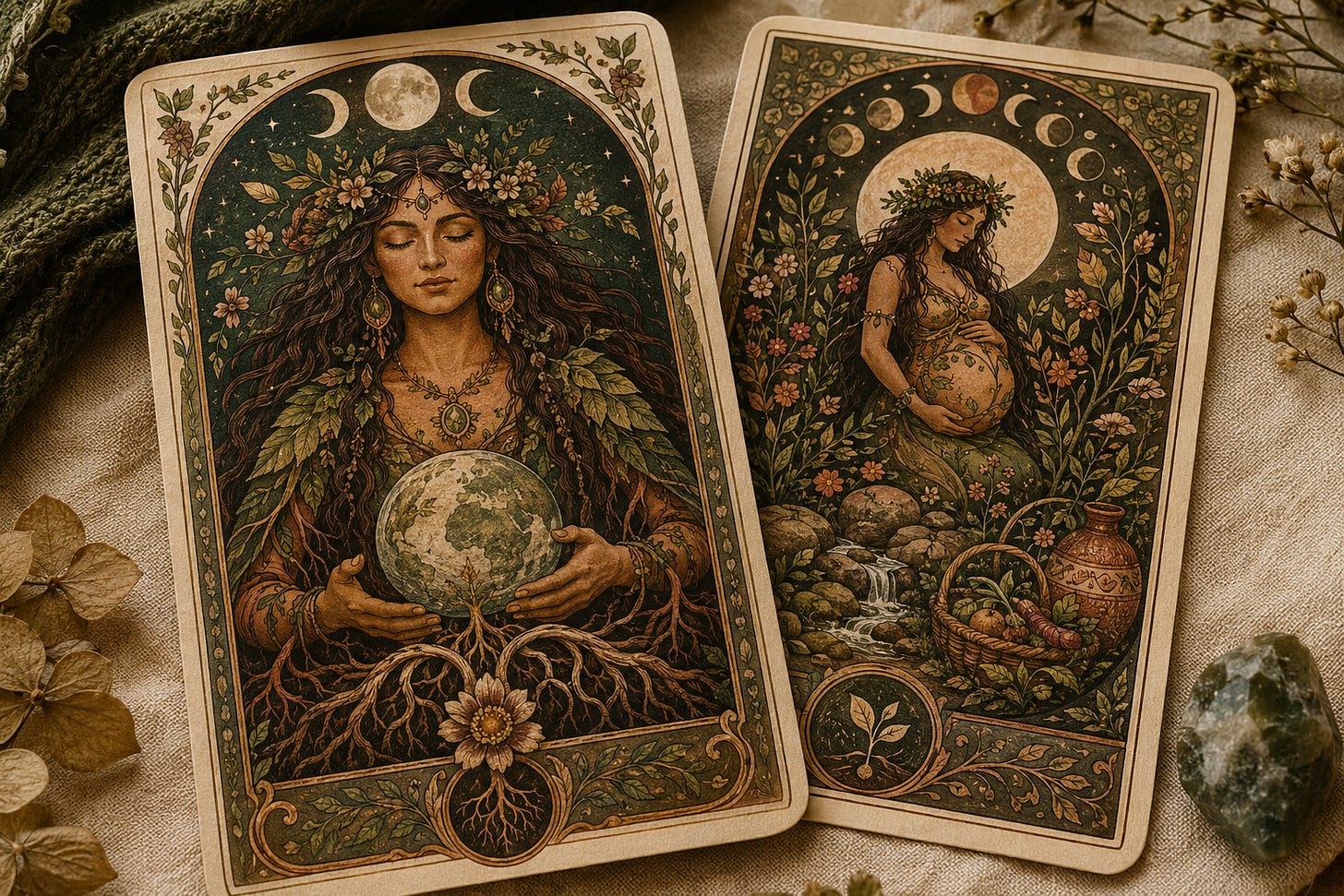 Two botanical tarot cards showing goddess figures wreathed in leaves and roots, laid on dried flowers and crystals.