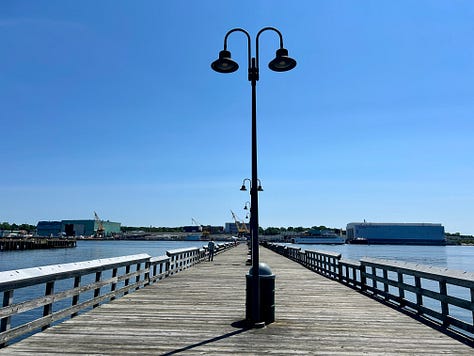 pier, pole, railing, water, sky