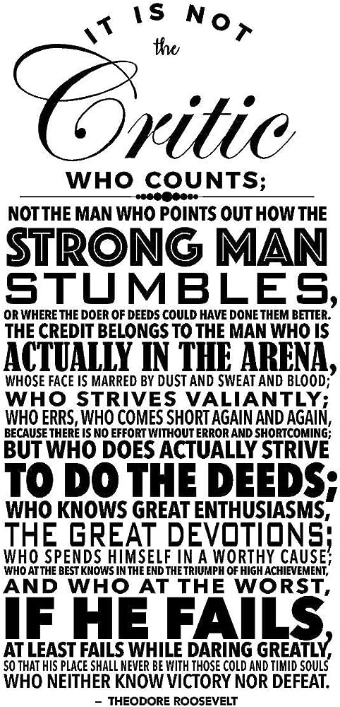 Amazon.com: Newclew It is not the critic who counts; The credit belongs to  the man who is actually in the arena, whose face is marred by dust and  sweat and blood -
