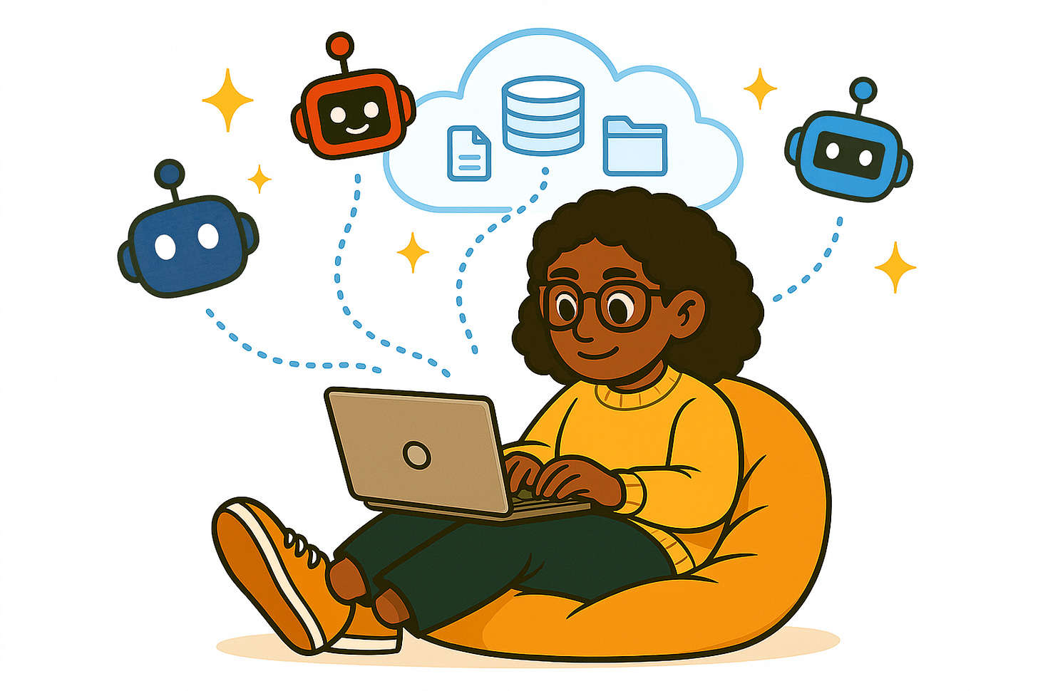 developer typing while robot icons connect to a cloud with database and file symbols.