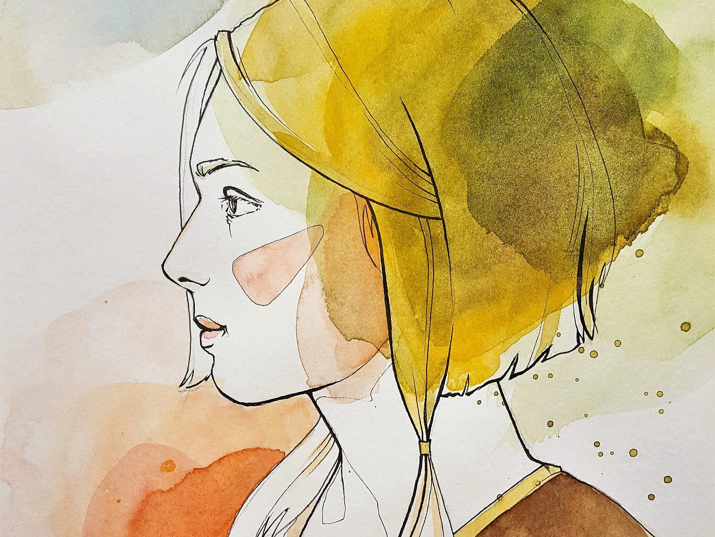 Watercolor painting of a woman with yellow hair, in profile