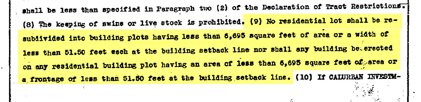 The old text of a covenant limiting the use of the lot to a large home with a large setback. 