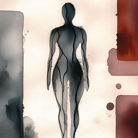 An abstract watercolor painting with simple elements and a dark color palette, emphasizing a person being physically stretched thin with some elongated shapes, and the person's shape is stretched.. Image 2 of 2