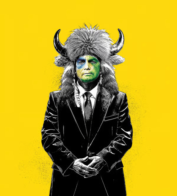 Jair Bolsonaro wearing Brazil face paint and a headdress with horns