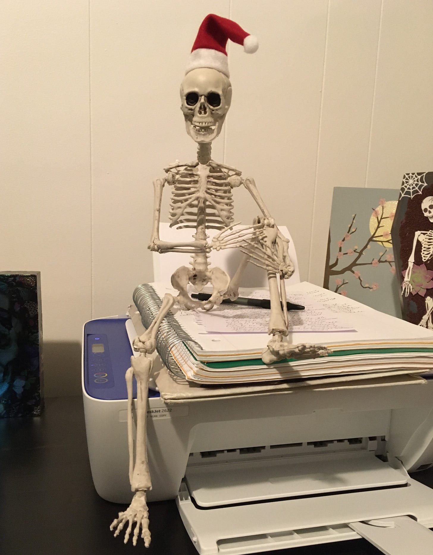 A toy skeleton wearing a Santa hat.