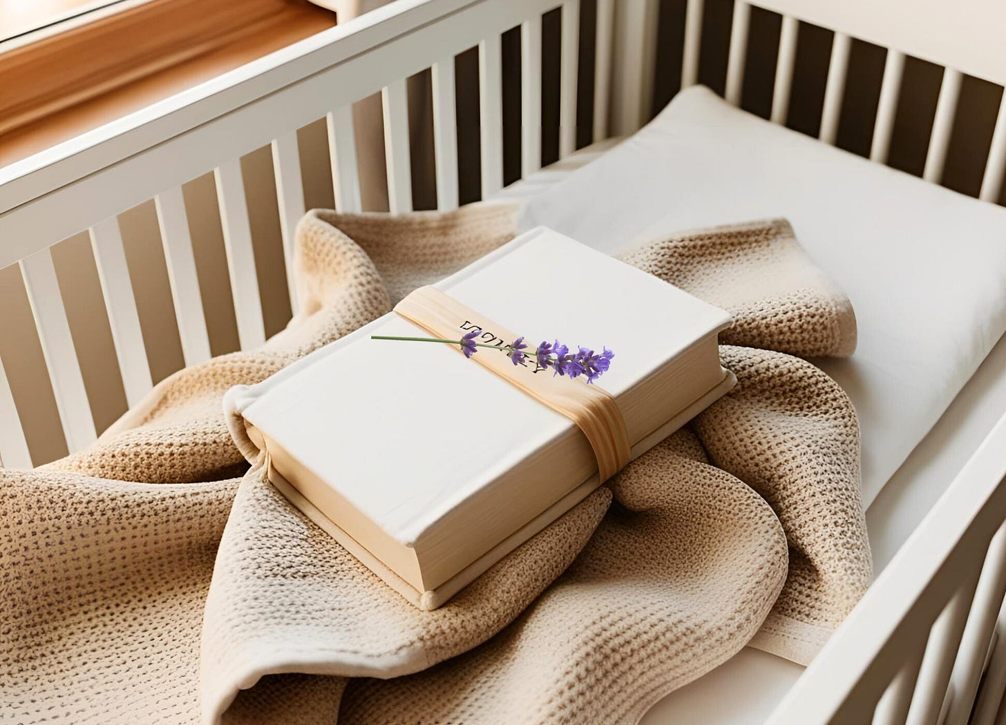a white book without a cover design is nestled in a blanket in a crib