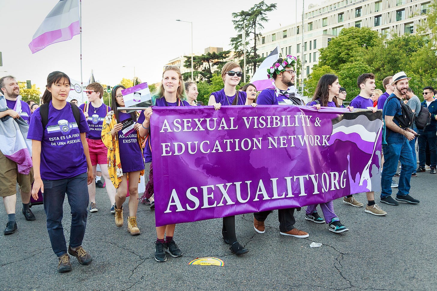 A group of people holding an asexual pride banner A group of people holding an asexual pride banner