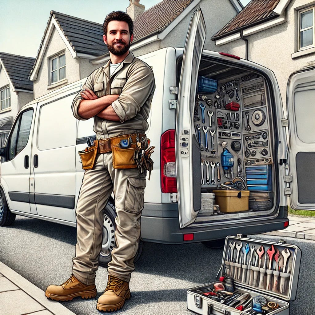 A detailed image of a modern 'White Van Man,' a working-class tradesman standing confidently next to his white van filled with tools. He is wearing a work uniform, sturdy boots, and has a relaxed but determined expression. The background features a suburban neighborhood or small job site, with the van parked on a clean street. The van’s back doors are open, revealing various tools and equipment used for trades like plumbing, electrical work, or painting. The atmosphere is one of professionalism and pride in his manual work.