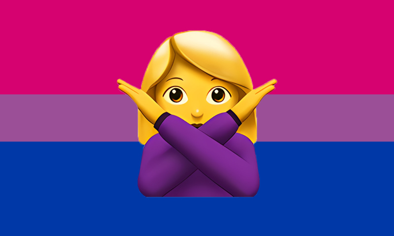 woman gesturing no emoji superimposed on bi pride flag