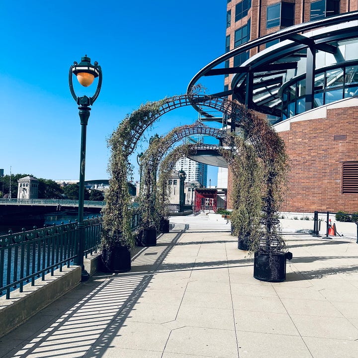 river, walkway, sculptures