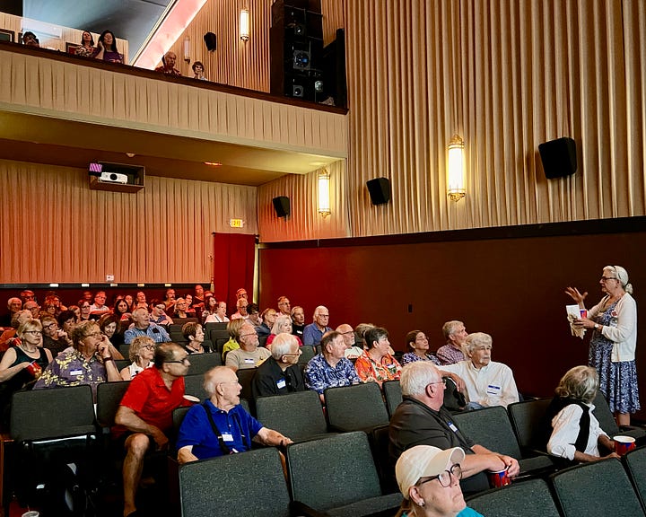 Marianne Fons speaking to moviegoers; post-film panel discussion featuring Art Cullen, Vicki Minor, Julie Gammack, and Jane Burns (both photos by David Thoreson)